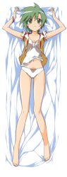  absurdres barefoot bed_sheet dakimakura_(medium) elnie_tachibana female full_body green_eyes green_hair highres jinki midriff navel no_pants panties photoshop_(medium) scan short_hair solo tsunashima_shirou underwear 