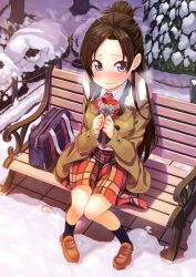  ayasugi_tsubaki bag bench black_socks blue_eyes blush box breath brown_hair coat commentary_request female from_above fur_trim gift hair_bun hair_ornament hairclip heart-shaped_box loafers long_hair necktie original photoshop_(medium) plaid plaid_skirt school_bag school_uniform shoes single_hair_bun sitting skirt snow socks solo valentine 