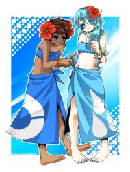  2girls barefoot blue_nails dark_skin elite_four feet flower fuyou_(pokemon) ginkun hair_accessory hair_ornament mikuri_(pokemon) multiple_girls nail_polish pokemon pokemon_(game) pokemon_champion pokemon_emerald pokemon_rse rule_63 toenail_polish toes 