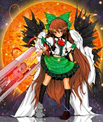  alternate_weapon arm_cannon asymmetrical_footwear black_wings bow brown_hair cape colorized commentary_request concrete female green_bow green_skirt hairbow lights long_hair midriff mismatched_footwear outstretched_arm rainney red_eyes reflective_floor reiuji_utsuho shirt shishigami_(sunagimo) skirt solo sun third_eye touhou very_long_hair weapon wings 