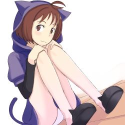  brown_eyes brown_hair commentary_request enoki_p female hidaka_ai hood hoodie idolmaster idolmaster_dearly_stars panties pantyshot short_hair sitting slippers smile solo underwear 