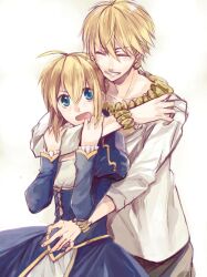  1boy ^_^ ahoge artoria_pendragon_(fate) blonde_hair blue_eyes blush bracelet casual closed_eyes commentary_request dress earrings fate/zero fate_(series) female gilgamesh_(fate) hair_ribbon jewelry machi_(machiruda) necklace official_alternate_costume open_mouth photoshop_(medium) ribbon saber_(fate) simple_background straight white_background 