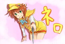  brown_hair commentary_request female green_eyes hat rain_clowder short_hair shorts solo tantei_opera_milky_holmes yellow_shorts yuzurizaki_nero 