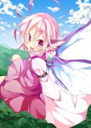  animal_ears belt cloud commentary_request day dress female kuroneko_no_toorimichi mystia_lorelei no_headwear oerba_yun_fang open_mouth pink_eyes pink_hair short_hair sky smile solo touhou wings 