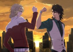  2boys bad_id bad_pixiv_id barnaby_brooks_jr. belt blonde_hair brown_eyes brown_hair facial_hair fist_bump glasses jacket kaburagi_t._kotetsu kanmuri_(cloud-ff7) male_focus multiple_boys necktie red_jacket stubble studded_belt sunset tiger_&amp;_bunny vest waistcoat 