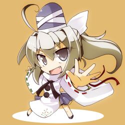  ahoge commentary_request female grey_eyes grey_hair hat japanese_clothes mononobe_no_futo oerba_yun_fang open_mouth outstretched_arms ponytail shirogane_(platinum) simple_background skirt smile solo tate_eboshi touhou wide_sleeves 