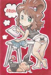  back-print_panties barefoot brown_hair clothes_iron commentary_request english_text female from_behind green_eyes hilda_(pokemon) holding_clothes_iron ironing_board looking_back no_pants oda_takashi panties poke_ball pokemon pokemon_(creature) pokemon_bw print_panties red_background shorts standing tepig underwear unworn_shorts 