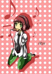  amputee armless_amputee black_necktie blouse commentary_request digital_media_player double_amputee female green_eyes green_pants headphones ipod katawa_shoujo mouth_hold musical_note necktie olly_(ollycrescent) pants red_hair sandals school_uniform shirt short_hair sleeve_tied_shut solo tezuka_rin tied_sleeves white_shirt yamaku_high_school_uniform 