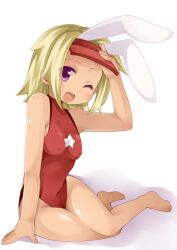  ak1222dece animal_ears arcana_heart bad_id bad_pixiv_id bare_shoulders barefoot blonde_hair breasts catherine_kyoubashi covered_nipples female leotard medium_breasts navel one_eye_closed open_mouth purple_eyes rabbit_ears red_leotard sitting solo 