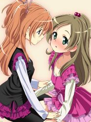  2girls bad_id bad_pixiv_id blue_eyes blush brown_hair commentary_request green_eyes hair_bobbles hair_ornament hair_ribbon half_updo homing_(areya) houjou_hibiki leggings long_hair minamino_kanade multiple_girls orange_hair ponytail precure ribbon suite_precure two_side_up 