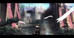  architecture banner blonde_hair city commentary_request copyright_request female gloves hat letterboxed long_hair scenery solo standing top_hat watanabe_minoru 