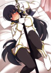  aiba-tsukiko armband bed black_hair blue_eyes blush boots commentary_request female fighting_stance gloves ikaruga_(senran_kagura) katana long_hair lying on_back pantyhose photoshop_(medium) pillow ready_to_draw senran_kagura senran_kagura_shoujo-tachi_no_shin&#039;ei sheath solo sword uniform very_long_hair weapon white_gloves 