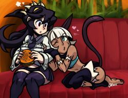  2girls animal_ears aqua_eyes arm_grab audrey_kare bare_shoulders barefoot black_hair black_thighhighs bob_cut breasts burger cat_ears cat_tail commentary_request couch crop_top dark-skinned_female dark_skin extra_mouth filia_(skullgirls) food leg_warmers long_hair medium_breasts ms._fortune_(skullgirls) multiple_girls necktie one_eye_closed prehensile_hair red_eyes samson_(skullgirls) scar shirt short_hair skirt skullgirls tail thick_thighs thighhighs thighs white_hair 