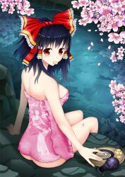  alcohol ass bad_id bad_pixiv_id black_hair bottle bow breasts brown_eyes cherry_blossoms cookie cup female floral_print food food_in_mouth hair_tubes hairbow hakurei_reimu kofboy looking_back medium_breasts naked_towel onsen petals photoshop_(medium) print_towel red_bow reflection sake sake_bottle sitting solo spilling touhou towel tray 