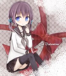  amakaze_sora bow box commentary_request female hairbow heart-shaped_box original school_uniform sitting solo thighhighs valentine zettai_ryouiki 