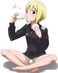  bad_id barefoot blonde_hair blue_eyes blush daifuku eating erica_hartmann feet female food indian_style military military_uniform mouth_hold musical_note one_eye_closed panties short_hair sitting smile solo strike_witches underwear uniform wagashi white_panties world_witches_series youkan 