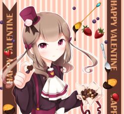  1boy akaimo_satsuma apron bow brown_hair candy chocolate crossdressing crown dress english food frown fruit goma_(11zihisin) hairbow hat long_hair male male_focus pink_eyes ribbon satsuma_(goma) solo trap twintails valentine 