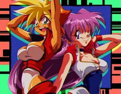  1990s_(style) 2girls arms_behind_head blonde_hair blue_eyes breasts chromatic_aberration cleavage dark-skinned_female dark_skin dirty_pair dirty_pair_flash dyed_bangs gimp_(medium) green_eyes kei_(dirty_pair_flash) large_breasts long_hair looking_down looking_to_the_side medium_breasts multicolored_hair multiple_girls one_eye_closed open_mouth potiri02 purple_hair red_hair retro_artstyle short_hair yuri_(dirty_pair_flash) 