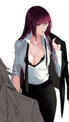  alternate_costume bad_id bad_twitter_id belt belt_buckle bespectacled black_bra bra breasts buckle business_suit cleavage collarbone commentary_request dress_shirt fate/grand_order fate_(series) female formal glasses holding holding_clothes holding_jacket jacket lace lace-trimmed_bra lace_trim large_breasts lips lipstick long_hair long_sleeves looking_to_the_side makeup necktie open_clothes open_shirt pencil_skirt purple_hair red_eyes reroi scathach_(fate) shirt simple_background skirt solo suit underwear untied white_background 