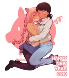  2girls animal_ears artist_name black_hair blush braid chadolbaegi chinese_zodiac closed_eyes happy_new_year highres hug kneeling long_hair miniskirt multiple_girls new_year original pants pantyhose pig pink_hair short_ponytail single_braid skirt smile sweater year_of_the_pig yuri 