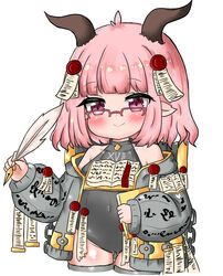  adeptus_astartes animal_ears bailingxiao_jiu bare_shoulders blush book closed_mouth covered_navel cowboy_shot cropped_legs curled_horns female glasses grey_jacket grey_leotard grey_thighhighs holding holding_book horns jacket leotard long_sleeves looking_at_viewer open_book open_clothes open_jacket original over-kneehighs pink_hair puffy_long_sleeves puffy_sleeves quill red-framed_eyewear roman_numeral short_sleeves smile solo thighhighs warhammer_40k word_bearers 