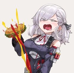  ayanami_barrage_(meme) bare_shoulders braid breasts closed_eyes commentary_request detached_sleeves eyes_visible_through_hair female food girls&#039;_frontline girls&#039;_frontline_2:_exilium grey_background grey_hair hair_over_one_eye hair_ribbon holding holding_food id_card ketchup large_breasts medium_hair meme mustard open_mouth ribbon saliva sandwich sexually_suggestive shotgun_shell simple_background solo spas-12_(girls&#039;_frontline) zerowill 