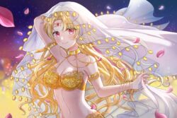  arm_up armlet bare_shoulders blonde_hair bracelet breasts circlet cleavage coin_hair_ornament commentary dancer diana_(eoneu_nal_gongjuga_doeeobeoryeotda) eoneu_nal_gongjuga_doeeobeoryeotda female forehead_jewel fringe_trim gem gradient_background hair_ornament harem_outfit highres jewelry lace_trim long_hair looking_at_viewer midriff navel neck_ring night night_sky outstretched_hand parted_bangs petals red_eyes red_gemstone ryunbi see-through sky smile solo star_(sky) symbol-only_commentary upper_body veil very_long_hair 