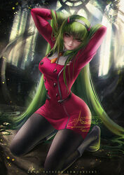  absurdly_long_hair alexandra_mae arms_behind_back bangs banned_artist black_legwear boots breasts c.c. closed_mouth code_geass cosplay darling_in_the_franxx dress female full_body green_hair grey_footwear grey_hairband hair_between_eyes hairband highres horns indoors kneeling large_breasts long_hair long_sleeves looking_at_viewer pantyhose red_dress shiny shiny_hair short_dress smile solo very_long_hair yellow_eyes zero_two_(darling_in_the_franxx) zero_two_(darling_in_the_franxx)_(cosplay) 