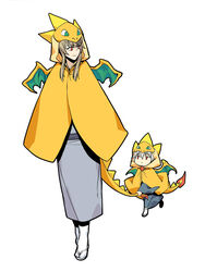  2boys blue_kimono cape charizard charizard_(cosplay) closed_mouth commentary_request cosplay dragon_tail dragon_wings fire full_body geta gintama grey_hair hangleing holding holding_another&#039;s_tail hood hooded_cape japanese_clothes kimono lolicon long_hair looking_at_viewer male_focus mega_charizard_y mega_charizard_y_(cosplay) mega_pokemon multiple_boys pokemon pokemon_tail pokemon_wings red_eyes sakata_gintoki sandals shoes short_hair simple_background smile tail walking white_background wings yoshida_shouyou 