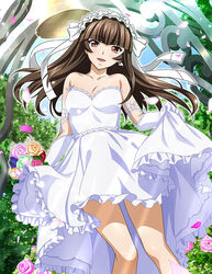  :d blunt_bangs blush bouquet bow breasts brown_eyes brown_hair cleavage collarbone dress earrings elbow_gloves female floating_hair flower gloves green_flower hair_ribbon hairbow holding holding_bouquet ikkitousen jewelry long_hair looking_at_viewer magatama magatama_earrings open_mouth petals pink_flower purple_flower red_flower ribbon skirt_hold small_breasts smile solo standing strapless strapless_dress sunlight ten&#039;i_(ikkitousen) wedding_dress white_bow white_dress white_gloves white_ribbon yellow_flower 