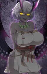  absurdres arms_behind_back bare_shoulders blush breasts cleavage collarbone colored_skin cosplay dress fate/grand_order fate_(series) female glasses glowing glowing_eyes grey_hair grey_skin highres himiko_(fate) himiko_(fate)_(cosplay) himiko_(first_ascension)_(fate) horns jacques_de_molay_(foreigner)_(fate) jacques_de_molay_(foreigner)_(third_ascension)_(fate) jewelry large_breasts looking_at_viewer magatama magatama_necklace necklace open_mouth sash short_hair side_slit sideboob smile solo sotomichi thighs white_dress wings yellow_eyes 