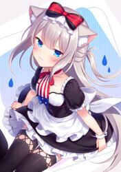  amane_kurumi american_flag american_flag_neckwear american_flag_print animal_ear_fluff animal_ears apron azur_lane black_dress black_thighhighs blue_eyes blush bow cat_ears choker closed_mouth commentary_request dress female flag_print frilled_apron frilled_dress frills grey_hair hairbow hammann_(azur_lane) long_hair looking_at_viewer necktie one_side_up print_necktie puffy_short_sleeves puffy_sleeves red_bow red_choker ribbon_choker short_sleeves sitting solo striped tears thighhighs vertical_stripes very_long_hair waist_apron water_drop white_apron wrist_cuffs 