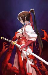  breasts bridal_gauntlets brown_hair corpse dark_background disembodied_hand female grabbing grabbing_another&#039;s_breast hair_ribbon hakama hakama_skirt headless high_ponytail highres holding holding_sword holding_weapon japanese_clothes jigokuraku katana kimono large_breasts long_hair looking_to_the_side rasipan red_bridal_gauntlets red_ribbon ribbon sidelocks skirt solo sword weapon white_hakama white_kimono yamada_asaemon_sagiri 