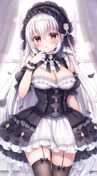  :o bare_shoulders blush bonnet breasts character_request cleavage commentary dress female frilled_dress frilled_skirt frills gloves gothic_lolita highres kyuketsuki-chan_(mitsuba_choco) large_breasts lolita_fashion long_hair looking_at_viewer mitsuba_choco open_mouth original red_eyes skirt solo straight_hair symbol-only_commentary thighhighs thighs very_long_hair white_hair zettai_ryouiki 