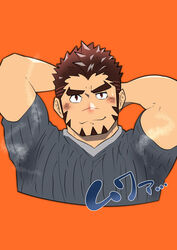  1boy absurdres akashi_(live_a_hero) alternate_hair_color armpits arms_behind_head bara blush brown_hair casual cropped_torso dotsu_(wtnbkwiyd) facial_hair goatee highres live_a_hero long_sideburns looking_at_viewer male_focus official_alternate_costume pectorals red_eyes scar scar_on_face scar_on_nose short_hair sideburns smell smile solo sweat thick_eyebrows toned toned_male upper_body 