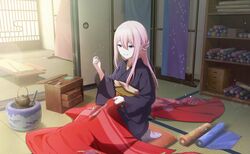  architecture blue_nails clippers colorful_palette commentary cushion drawer east_asian_architecture enbizaka_no_shitateya_(vocaloid) evillious_nendaiki fabric female fusuma half_updo highres holding holding_needle indoors japanese_clothes kimono long_hair looking_at_object megurine_luka needle obi official_art pincushion pink_hair project_sekai purple_kimono red_kimono sash seiza sewing sewing_kit sewing_needle shouji sitting sliding_doors smile solo string sudou_kayo tabi tailor tatami teapot third-party_source vocaloid wide_sleeves working zabuton 