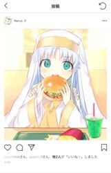  6sb alternate_hair_color aqua_eyes blue_hair burger drink eating fake_phone_screenshot fake_screenshot female food french_fries habit highres index_(toaru_majutsu_no_index) instagram long_hair looking_at_viewer nun open_mouth robe round_teeth safety_pin solo teeth toaru_majutsu_no_index translated upper_body upper_teeth_only 