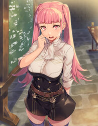  belt belt_buckle black_thighhighs breasts buckle chalkboard commentary_request cup desk female fire_emblem fire_emblem:_three_houses garreg_mach_monastery_uniform hand_on_own_cheek hand_on_own_face hand_up highres hilda_valentine_goneril large_breasts long_hair looking_at_viewer open_mouth pink_eyes pink_hair sajittari school_uniform solo thighhighs twintails very_long_hair zettai_ryouiki 