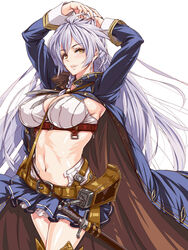  ahoge armpits arms_up belt blush braid breasts brown_jacket buckle cleavage collared_shirt cowboy_shot crop_top female floating_hair gold_trim granblue_fantasy hair_between_eyes hairband hayama_kazusa highres jacket large_breasts light_purple_hair long_hair long_sleeves looking_at_viewer microskirt navel open_clothes open_jacket parted_lips sheath sheathed shirt side_braid silva_(granblue_fantasy) simple_background single_horizontal_stripe skirt sleeveless smile solo stomach sword toned very_long_hair weapon white_background yellow_eyes 