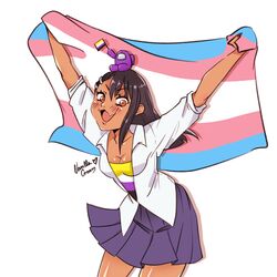  1other :3 :d among_us arms_up artist_name asymmetrical_bangs bad_id bad_twitter_id blush breasts brown_eyes brown_hair cleavage collared_shirt commentary cowboy_shot crewmate_(among_us) crossover dark-skinned_female dark_skin english_commentary female flag hair_between_eyes hair_ornament hairclip heart highres holding holding_flag ijiranaide_nagatoro-san long_hair looking_at_viewer medium_breasts mini_crewmate_(among_us) nagatoro_hayase non-binary_flag oerba_yun_fang open_mouth outstretched_arms pleated_skirt purple_(among_us) purple_skirt school_uniform shiny_skin shirt signature sitting sitting_on_head sitting_on_person skirt smile straight_hair striped transgender_flag untucked_shirt v-shaped_eyebrows vanilla_cream_(artist) white_background white_shirt 