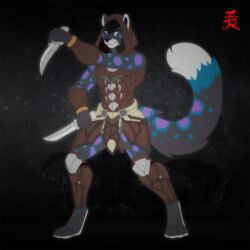  1:1 anthro black_body black_fur black_hair blue_body blue_fur clothed clothing domestic_cat felid feline felis fluffy fluffy_tail fur hair hi_res holding_object holding_weapon knife male mammal multicolored_body multicolored_fur open_mouth open_smile simple_background smile solo tail teeth two_tone_body two_tone_fur weapon white_body white_fur zi0808 