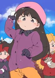  3girls animification bad_link be_(ronironibebe) bebe_stevens beret black_hair blonde_hair blunt_bangs coat frown gloves hat jacket long_hair multiple_girls purple_coat purple_eyes red_hair red_jacket red_mcarthur snow snowball source_request south_park wendy_testaburger 