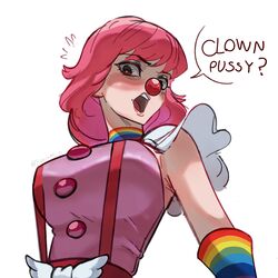  belt_buckle blush breasts brown_eyes buckle buttons choker clown clown_nose clussy_(phrase) dress elbow_gloves english_text eyeshadow female from_below geiru_toneido gloves gyakuten_saiban highres large_breasts lips looking_at_viewer makeup medium_hair mole mole_under_mouth open_mouth phoenix_wright:_ace_attorney_-_spirit_of_justice pink_dress pink_hair rainbow_choker rainbow_print ribosoma_42 simple_background sleeveless solo strapless strapless_dress suspenders suspenders_gap talking teeth tongue upper_body upper_teeth_only white_background wing-shaped_bow 