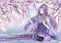  black_pantyhose breasts cherry_blossoms china_dress chinese_clothes dress female hand_up long_hair long_sleeves pantyhose purple_dress purple_eyes purple_hair purple_ribbon qinshi_mingyue ribbon seiza sitting small_breasts wariza water zi_nu_(qinshi_mingyue) zi_nu_zhuye_jun 