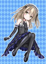  argyle_background arm_garter black_dress black_footwear black_gloves black_pantyhose blue_background brown_eyes dress elbow_gloves female floating frilled_dress frills girls_und_panzer gloves hairband hand_on_own_chest head_tilt high_heels langley1000 layered_dress legs_up light_brown_hair lolita_hairband long_hair looking_at_viewer medium_dress one_side_up pantyhose parted_lips shimada_arisu sleeveless sleeveless_dress solo wristband 