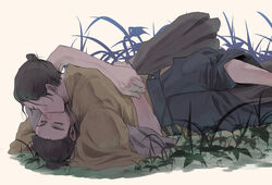  2boys bad_id bad_pixiv_id black_hair closed_eyes couple face-to-face facial_hair ghost_of_tsushima grass hair_pulled_back hakama hakama_skirt highres hug japanese_clothes kimono kissing ksks30 lying male_focus multiple_boys on_back on_ground on_person outdoors ryuzo_(ghost_of_tsushima) sakai_jin short_hair sideburns skirt topknot waist_hug yaoi 