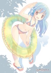  absurdres arm_up armpits bikini blue_hair brown_eyes feet female flat_chest flower_(kowarekake) full_body happy headphones highres innertube kowarekake_no_orgel leaning_forward long_hair navel open_mouth orange_bikini original pop_(electromagneticwave) sandals smile solo swim_ring swimsuit toes waving 