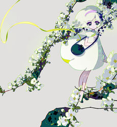  bag black_bag commentary dress female flower green_eyes grey_background hairband highres looking_at_viewer original plant ribbon shoulder_bag smile solo symbol-only_commentary take_(illustrator) white_dress white_flower white_hair wide_shot yellow_ribbon 