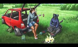  2021 4_toes 5_fingers absurd_res anthro backpack barbecue_fork biped black_bars black_body black_fur blue_clothing blue_hair blue_hoodie blue_topwear bottle bottomwear brown_body brown_fur brown_hair campfire car car_trunk clothed clothing container cooking cutlery detailed_background digitigrade duo ewgengster_(artist) feet felid feline female fiat fiat_panda fingers fire food fork fur grass_field grey_clothing grey_hoodie grey_topwear hair hatchback hi_res hoodie kitchen_utensils knife leopard letterbox lynx male mammal markings meat multicolored_body multicolored_fur pantherine plant sausage shorts shrub spots spotted_body spotted_fur tire toes tools topwear traditional_media_(artwork) two_tone_body two_tone_fur vehicle water_bottle white_body 