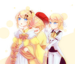  3girls :o aku_no_musume_(vocaloid) aryuma772 blonde_hair blue_eyes blush bow cabbie_hat chaban_capriccio_(vocaloid) choker closed_eyes cummerbund dress dress_bow dress_flower earrings enbizaka_no_shitateya_(vocaloid) evillious_nendaiki frilled_dress frills hair_ornament hairbow hairclip hat heartbeat_clocktower_(vocaloid) highres hug hug_from_behind jacket japanese_clothes jewelry juliet_sleeves kagamine_rin kimono lilith_baldured long_sleeves miroku_rin multiple_girls multiple_persona princess puffy_sleeves red_headwear reincarnation riliane_lucifen_d&#039;autriche short_hair smile surprised vocaloid waitress white_jacket wide_sleeves yellow_dress yellow_kimono 